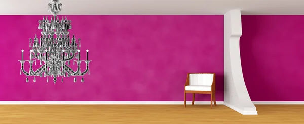 Зал фиолетовой галереи с роскошным стулом и черной люстрой — стоковое фото