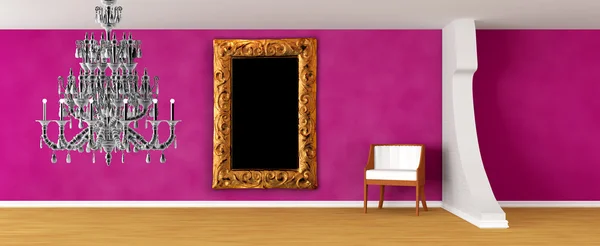 Galeria z luksusowy fotel, ozdobny rama i czarny żyrandol — Zdjęcie stockowe