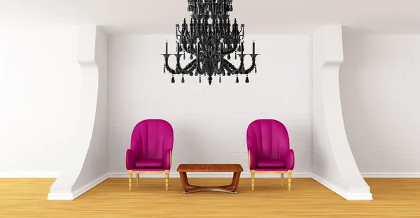 Galerie avec chaises luxueuses, table en bois et lustre noir — Photo