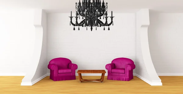 Galerie avec chaises luxueuses, lustre noir et table en bois — Photo