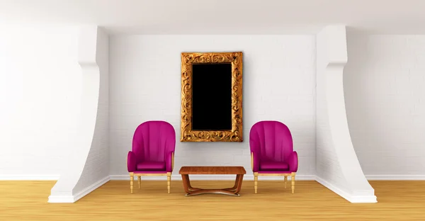 W galerii sali z luksusowe fotele i stół drewniany — Zdjęcie stockowe
