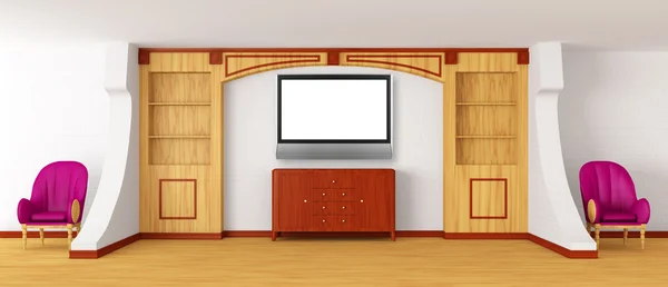 Cadeiras de luxo e escritório com tv lcd e estante no interior moderno — Fotografia de Stock