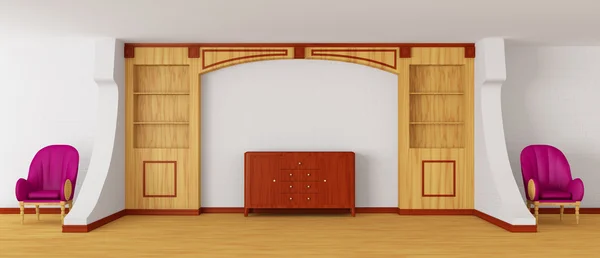Lyxiga stolar och presidiet med bokhylla i modern interiör — Stockfoto