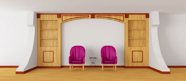 Πολυτελές καρέκλες και τραπέζι με βιβλιοθήκη σε μοντέρνο εσωτερικό — Φωτογραφία Αρχείου