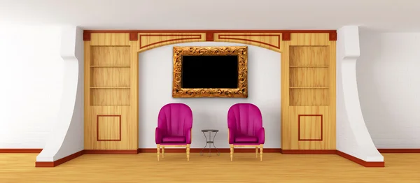 Cadeiras de luxo e mesa com estante no interior moderno — Fotografia de Stock