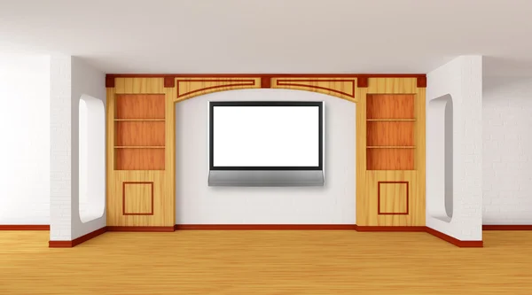 Leeres Bücherregal und LCD-Fernseher im modernen Interieur — Stockfoto