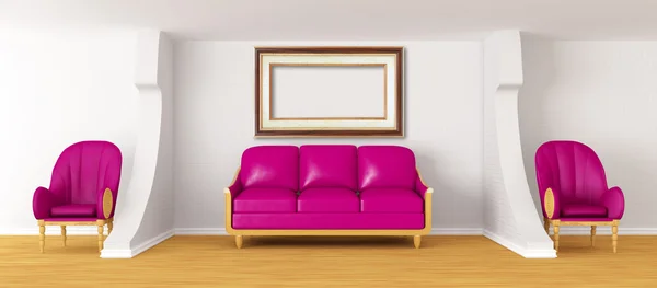 Soggiorno con divano viola, sedie e cornice — Foto Stock