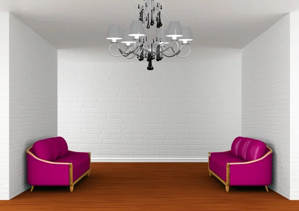 Töm galleriets hall med lila couchs — Stockfoto