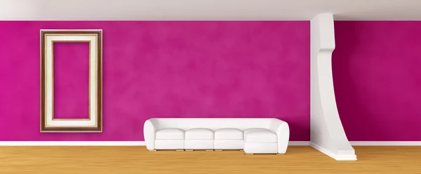 Зал фиолетовой галереи с белым диваном и рамкой — стоковое фото