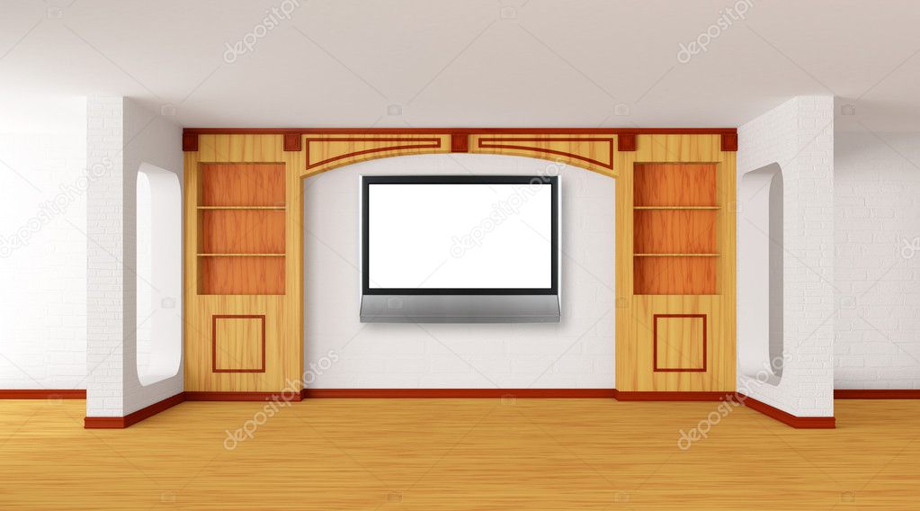 Empty bookcase and lcd tv in modern interior