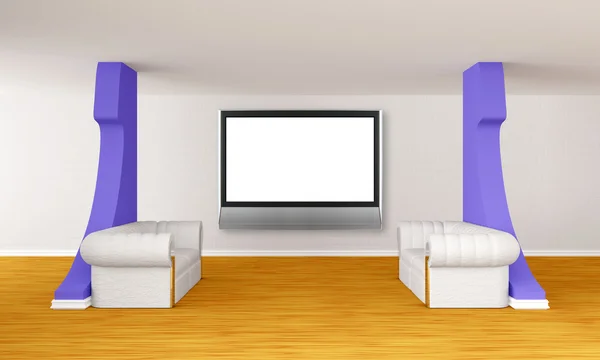 Gallery's hall with luxurious sofas and lcd tv — Stock Photo, Image