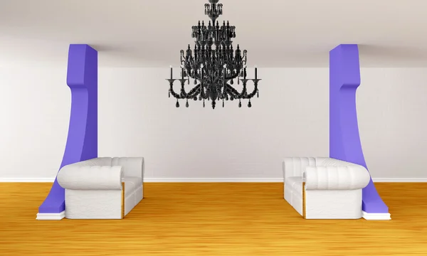 Galeriesaal mit luxuriösen Sofas und schwarzem Kronleuchter — Stockfoto