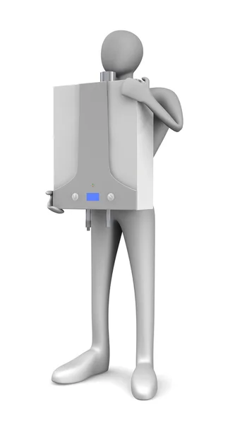 Person with gas boiler isolated over white — Stock Photo, Image