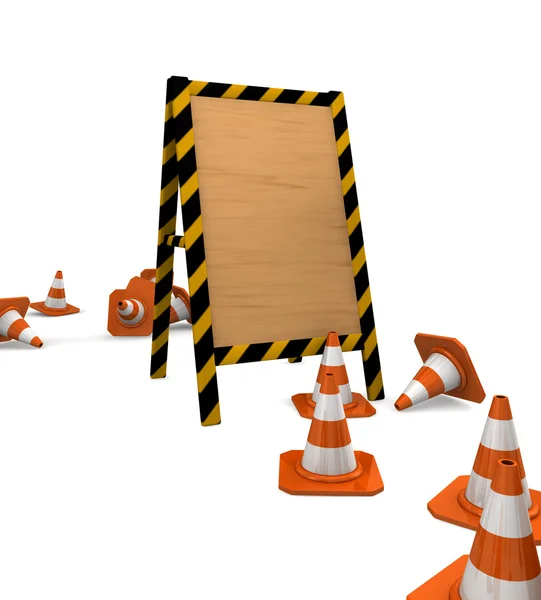 Em construção. placa de madeira com cones de tráfego . — Fotografia de Stock