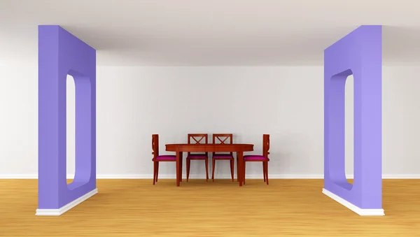 Table et chaises en bois dans une salle à manger moderne blanche — Photo
