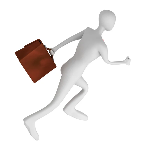 3d empresário correndo com maleta isolada no branco — Fotografia de Stock