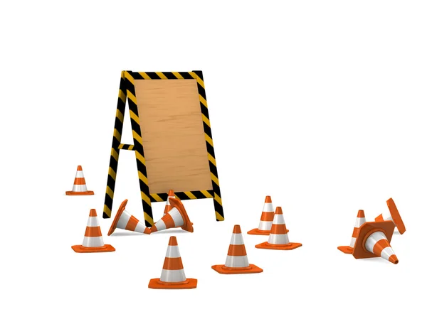 Em construção. placa de madeira com cones de tráfego . — Fotografia de Stock