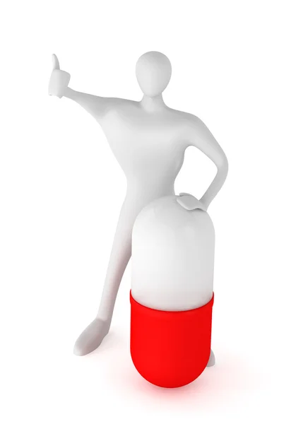 3D людина з таблеткою і великим пальцем вгору — стокове фото