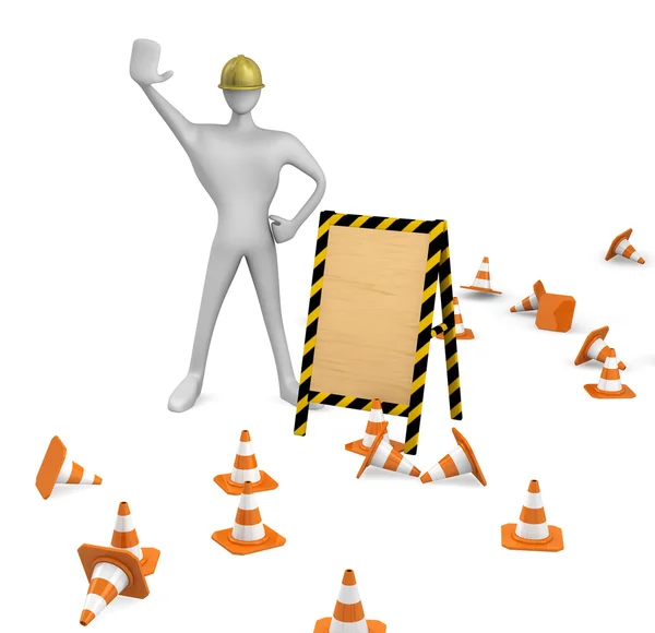 3d construction worker with traffic cones and empty board — Stock Photo, Image