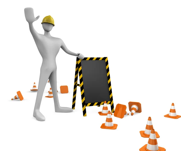 Trabalhador de construção 3d com cones de tráfego e placa vazia — Fotografia de Stock