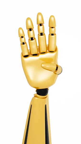 Golden 3d robotic hand showing number four — Stock Photo, Image