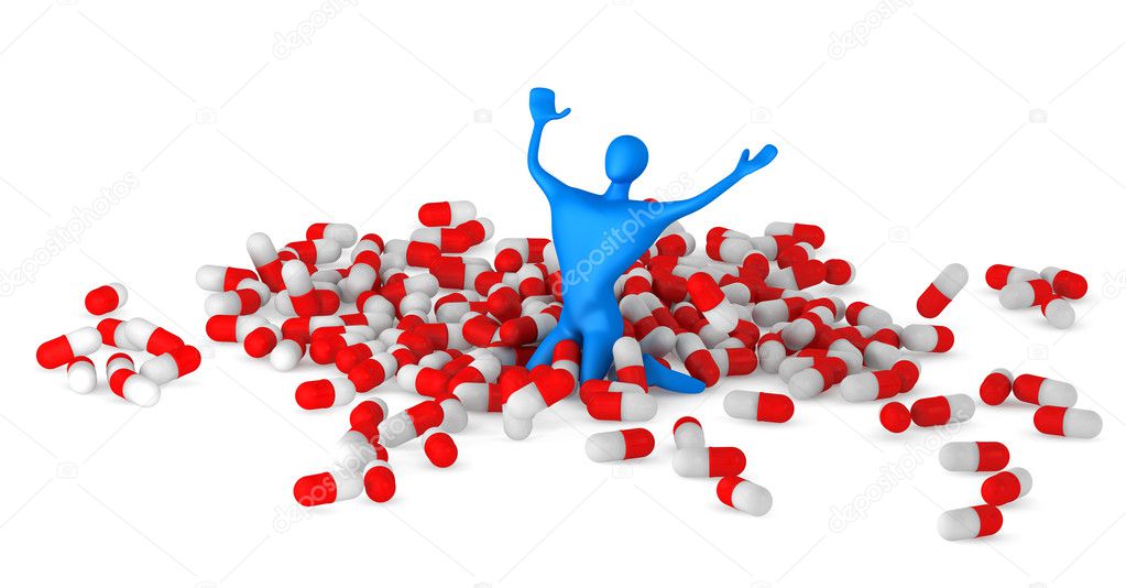 Happy 3d man among pills