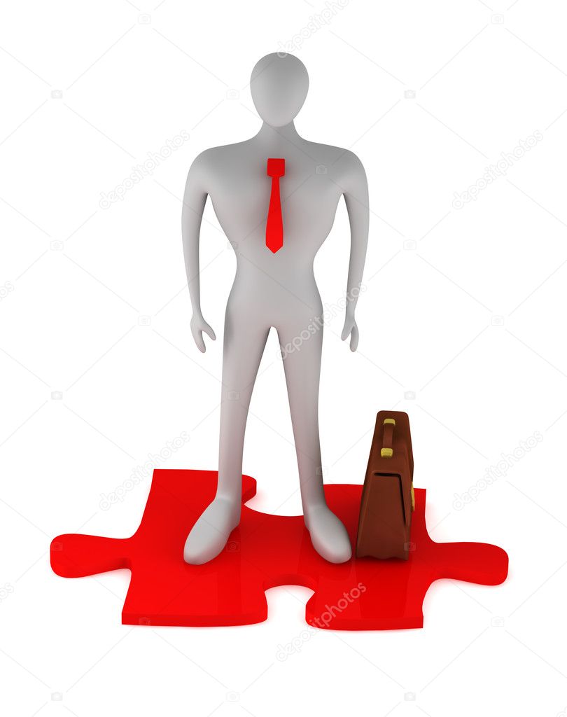 Man with puzzle on white background