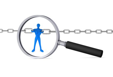 3d man holding a chain together in the magnifier/ 3d icon clipart