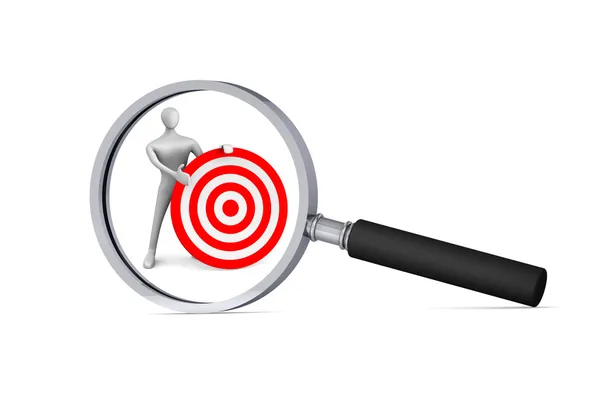 3d man with red target in the magnifier/ 3d icon — Stock Photo, Image