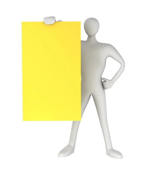 3d pessoa com cartão amarelo em branco — Fotografia de Stock