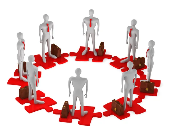 3d persons with briefcases on the puzzles in the circle — Stock Photo, Image