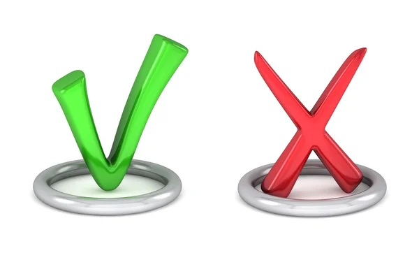 3d зеленый знак галочки и красный отменить галочку — стоковое фото