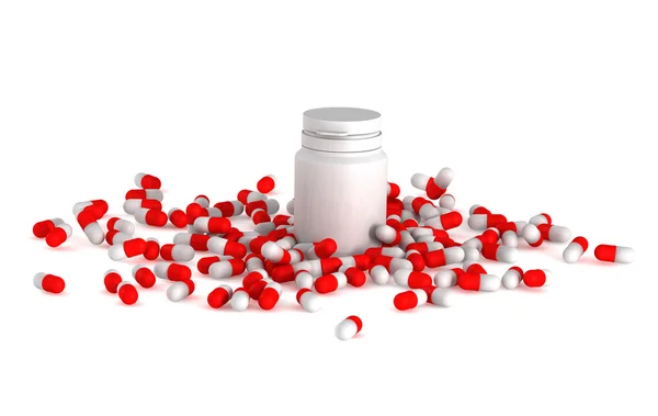 3D ιατρική χάπια με μπουκάλι σε λευκό φόντο — Φωτογραφία Αρχείου
