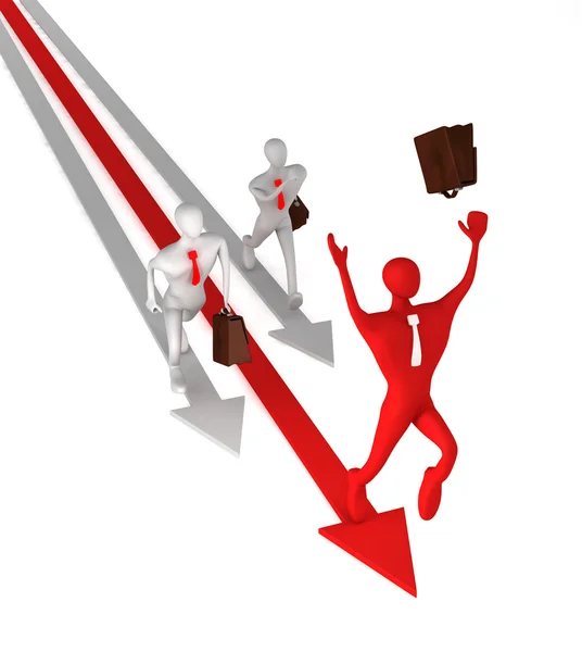 3d man on the red arrow and his defeated competitors — Stock Photo, Image