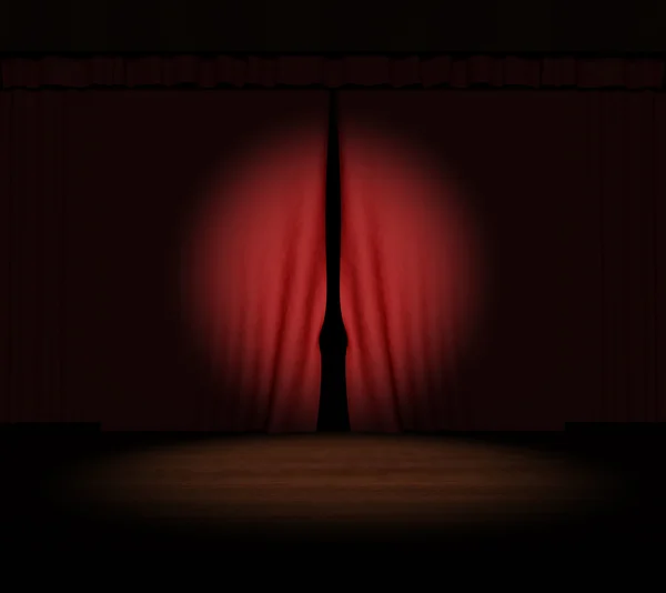 3d vermelho cortina de palco com holofotes no palco — Fotografia de Stock