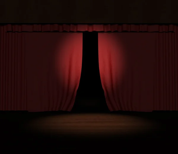 Sahne alanı üzerindeki spot ile 3D kırmızı sahne perdesi — Stok fotoğraf