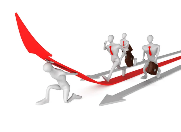 3d man with help on the red arrow and his defeated competitors — Stock Photo, Image