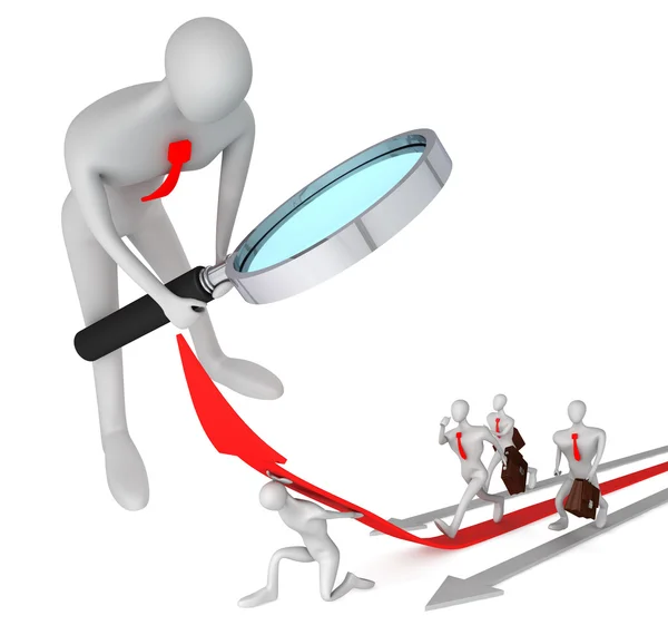 3d person watching on 3d man with help on the red arrow and his — Stock Photo, Image