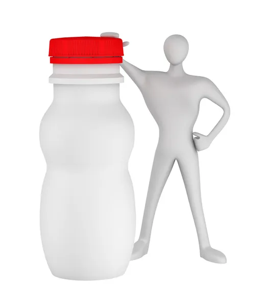 3d homem com garrafa de iogurte — Fotografia de Stock