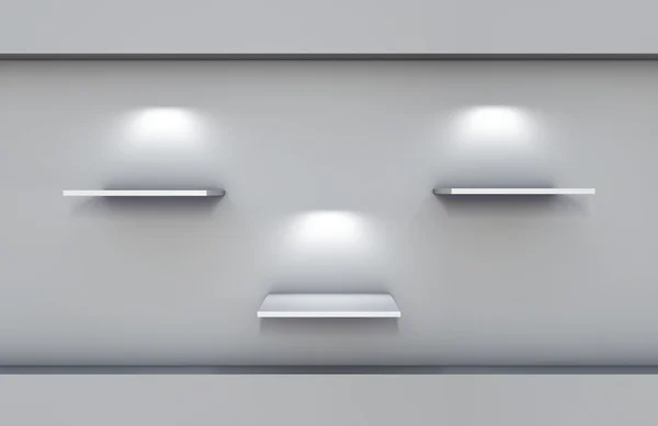 Drei 3D-Regale und Strahler für Exponate im grauen Interieur — Stockfoto