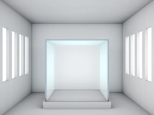 Порожня скляна вітрина в сірій кімнаті з вікнами — стокове фото