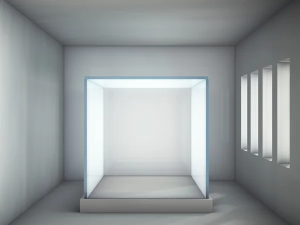 Порожня скляна вітрина в сірій кімнаті з вікнами — стокове фото
