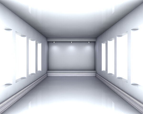 3d empty niche with spotlights for exhibit in the bright interio