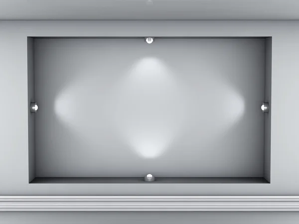 3D pusty niszy reflektory na wystawie w szare wnętrze — Zdjęcie stockowe