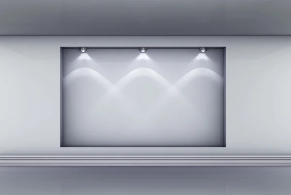 3D Leere Nische mit Scheinwerfern für Exponate im grauen Interieur — Stockfoto