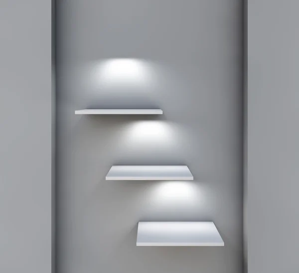 3 3d 선반 및 회색 내부에 전시에 대 한 스포트 라이트 — 스톡 사진