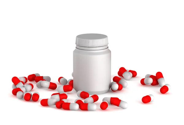 3d медицинские таблетки с бутылкой на белом фоне — стоковое фото