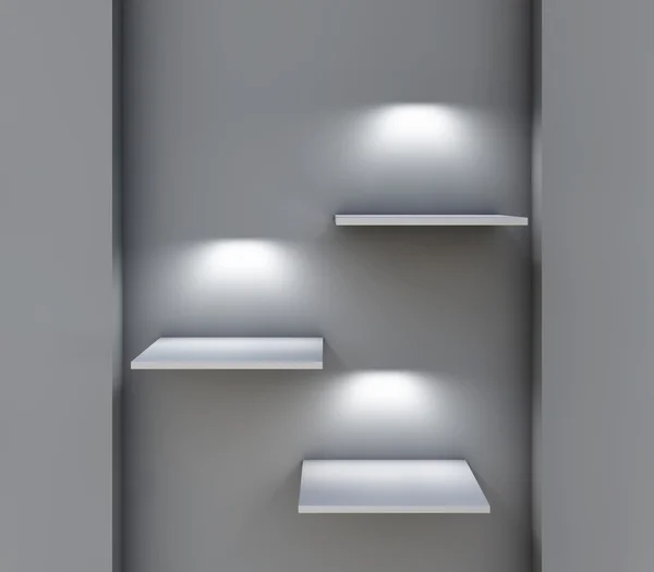 Three 3d shelves and spotlights for exhibit in the grey interior — Stock Photo, Image