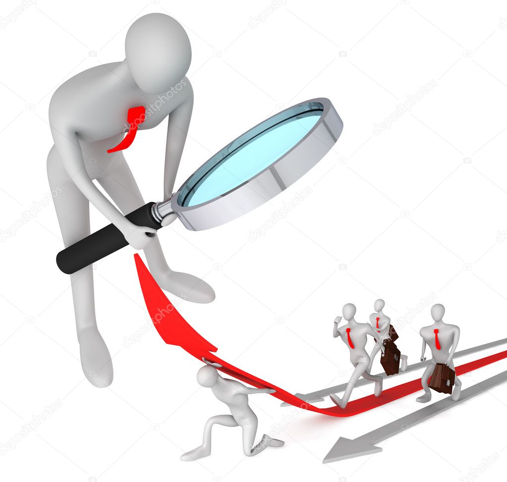 3d person watching on 3d man with help on the red arrow and his