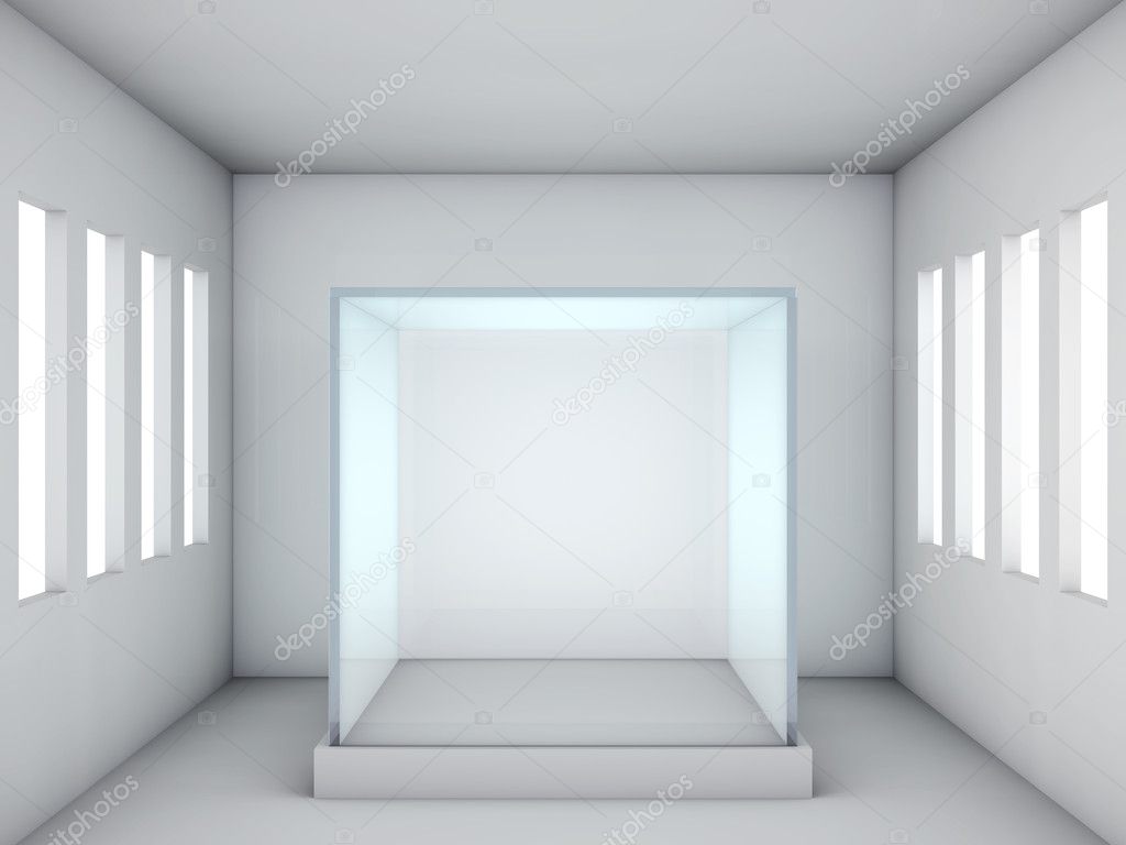 Empty glass showcase in grey room with windows